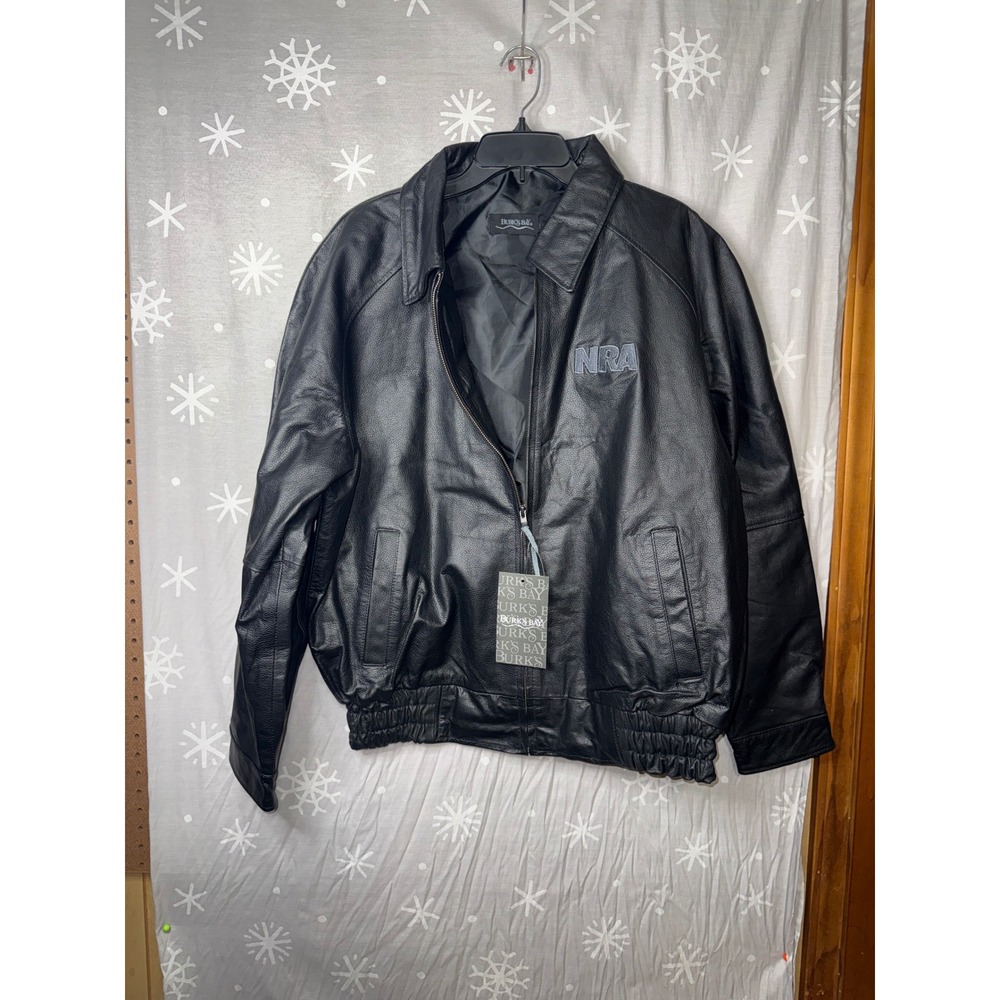 Burks Bay Mens Black Genuine Leather NRA Bomber Jacket Size L 6370 NWT